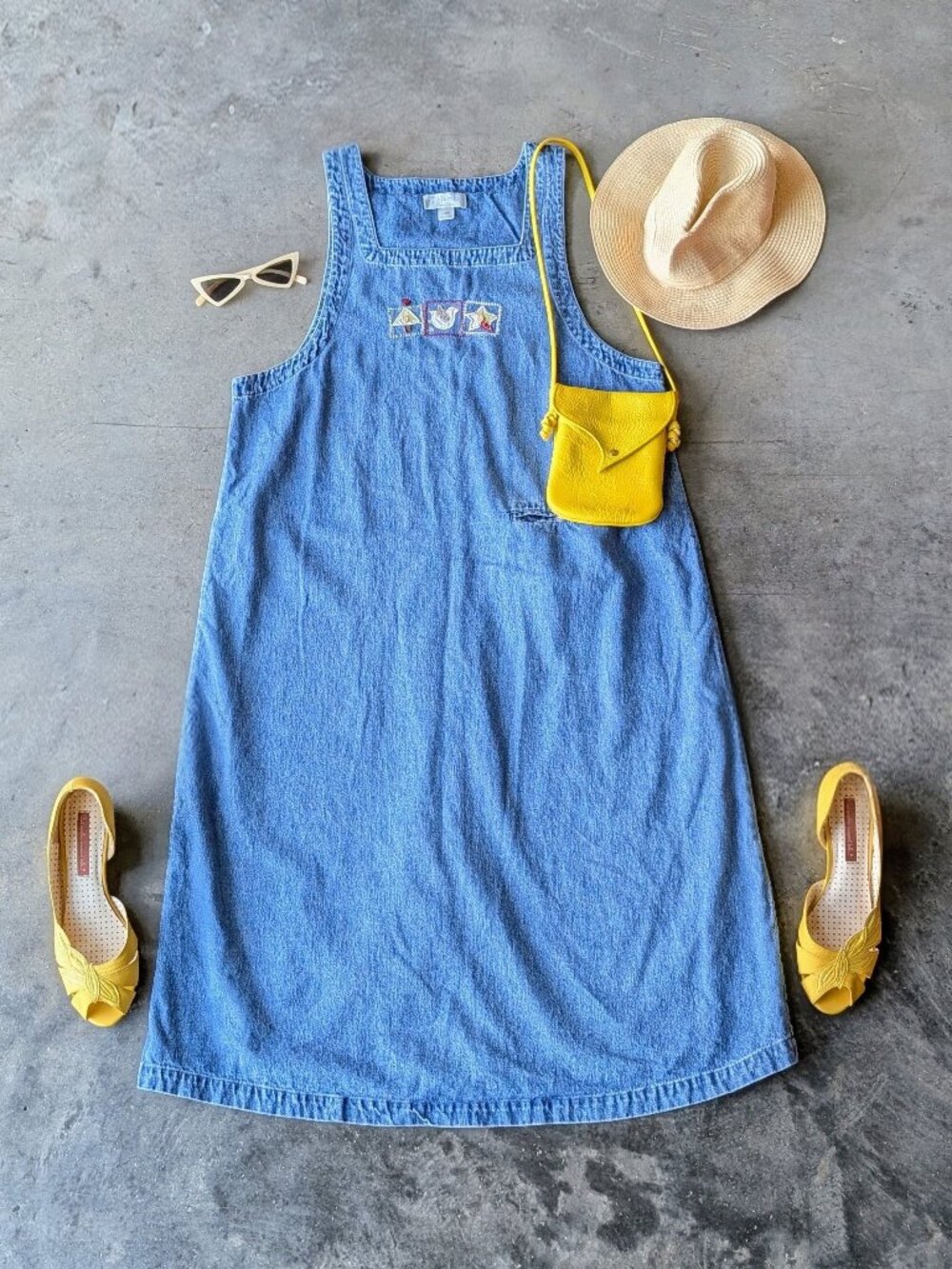 Vintage Cottagecore Bird Embroidered Blue Denim Midi Maxi Dress size 14W